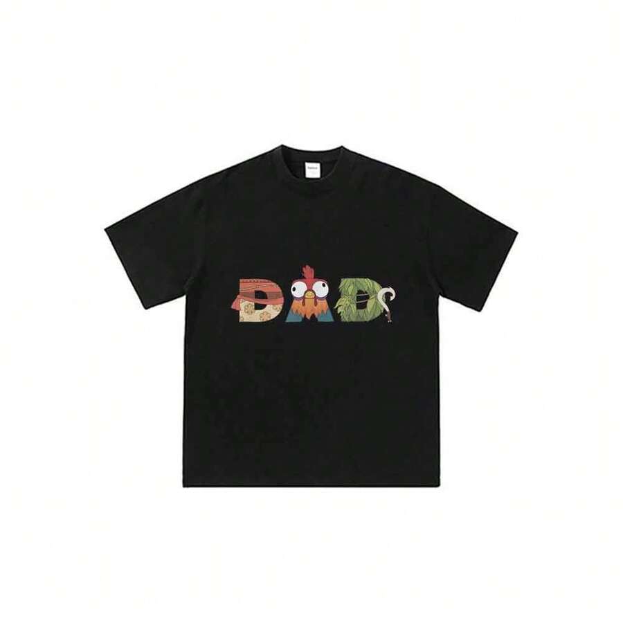Camiseta unisex de manga corta informal de corte holgado con estampado tipográfico de Moanass, papá y Heihei, estilo anime vintage de los 90. - Negro - Ver 1
