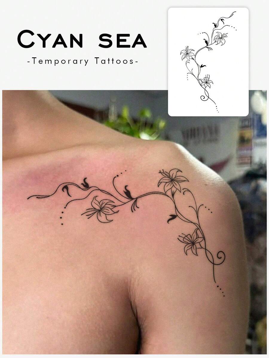 1 pieza Tatuaje temporal de estilo chino con diseño floral, resistente al agua y al sudor, para el brazo/espalda, apto para uso diario de las personas - Negro - Ver 1