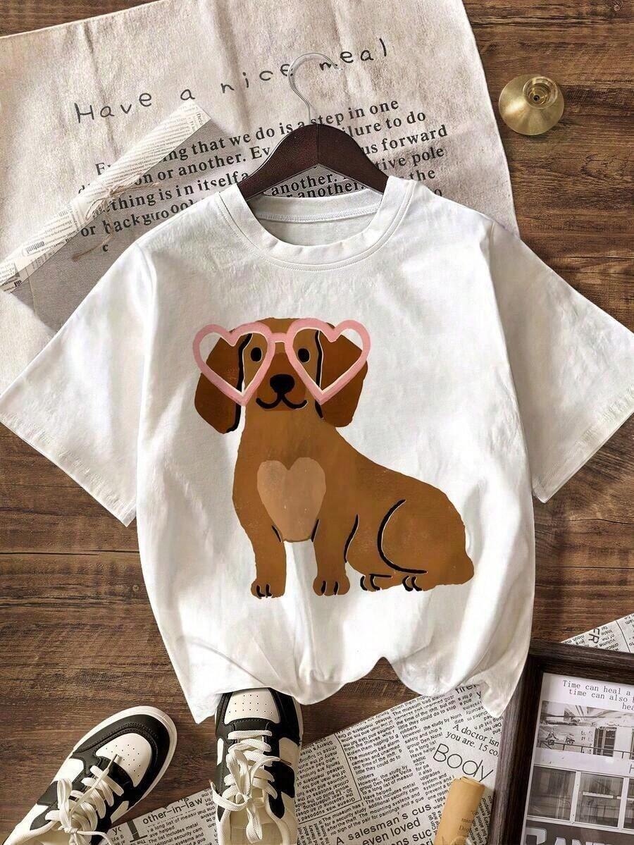 Short-Sleeved T-Shirt With Heart Print, 100% Dachshund, Casual Tops For Women, Ideal For Summer Vacation, Graphic Tees For Women, Gifts For Easter And Mother's Day, Breathable And Comfortable. - 白色 - 查看 1