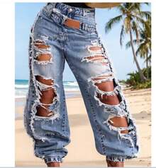 High-Waisted Ripped Jeans With Cuffed Hems, Stylish,  And Street-Style - MÀU XANH NHẠT - Xem 3
