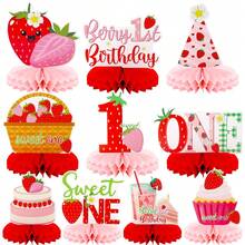 10pcs Paper Strawberry Birthday Decorations, Strawberry Theme Birthday Table Center Decor, Strawberry Decor, Party Tabletop Decor, Sweet Berry Style Topper Decor, Party Table Center Piece - Multicolor - View 2