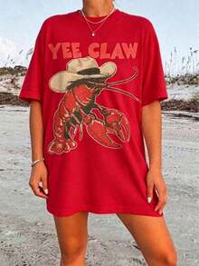 Tops2026 Camiseta Vaquera de Langosta, Camiseta Divertida de Langosta Yee Claw, Camiseta de Playa Estilo Western, Camiseta de Verano para Viaje a la  de Amalfi Tomato Girl, Camiseta Casual de Manga Corta de Talla Grande para Mujer, Camiseta Holgada con Estampados de Moda 100% Algodón para Todas las Temporadas, Camiseta para Mujer, Regalo para Amigas y Familiares, Fiestas, Vacaciones, Acción de Gracias, Halloween, Día de San Valentín, Uso Diario, Camisetas Gráficas Unisex para Mujer - Rojo - Ver 7