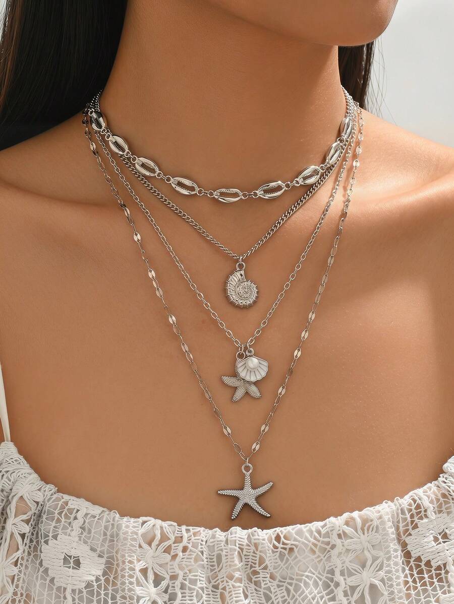 4pcs/Set Handmade Shell Necklace, Fashionable Multi-Layer Starfish & Shell Pendant Necklace Design, Suitable For Beach Vacation, Daily Wear And Party, Adjustable Chain Length - Multicolor - View 1