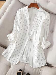Plus Size Women's Spring/Summer Striped Print Single-Breasted 7/8 Sleeve Office Casual Blazer White - White - View 3