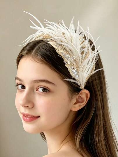 1pc Elegant Princess Feather Headband, Girls Performance Headdress, Cosplay Fairy Princess, Stage Show, Birthday Party Decor, Graduation Gift