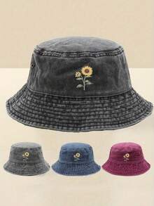 Sunflower Print Distressed Bucket Hat, Casual Outdoor Sun Protection Hat For Men And Women - Bucket Hat - View 12