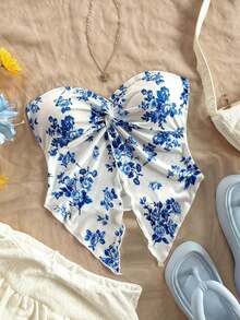 Top tubo con estampado floral azul y blanco para mujer, blusa de gasa cómoda, adecuada para el té de la tarde, graduación y capas de invierno - azul real - Ver 1