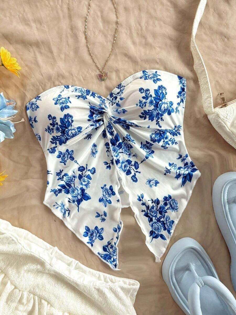 Top tubo con estampado floral azul y blanco para mujer, blusa de gasa cómoda, adecuada para el té de la tarde, graduación y capas de invierno - azul real - Ver 1