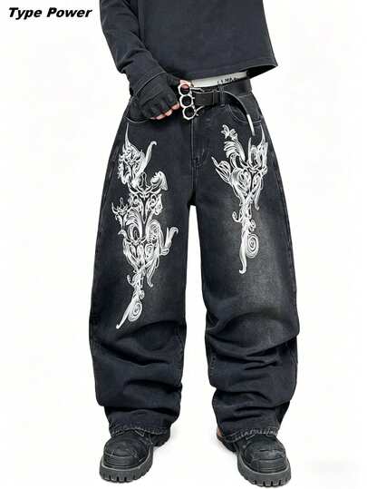 Type Power 1PC Men's Punk Grunge Baggy Wide Leg Jeans, Black Wash Print, Distressed Streetwear Statement Pants, Multi Sizes