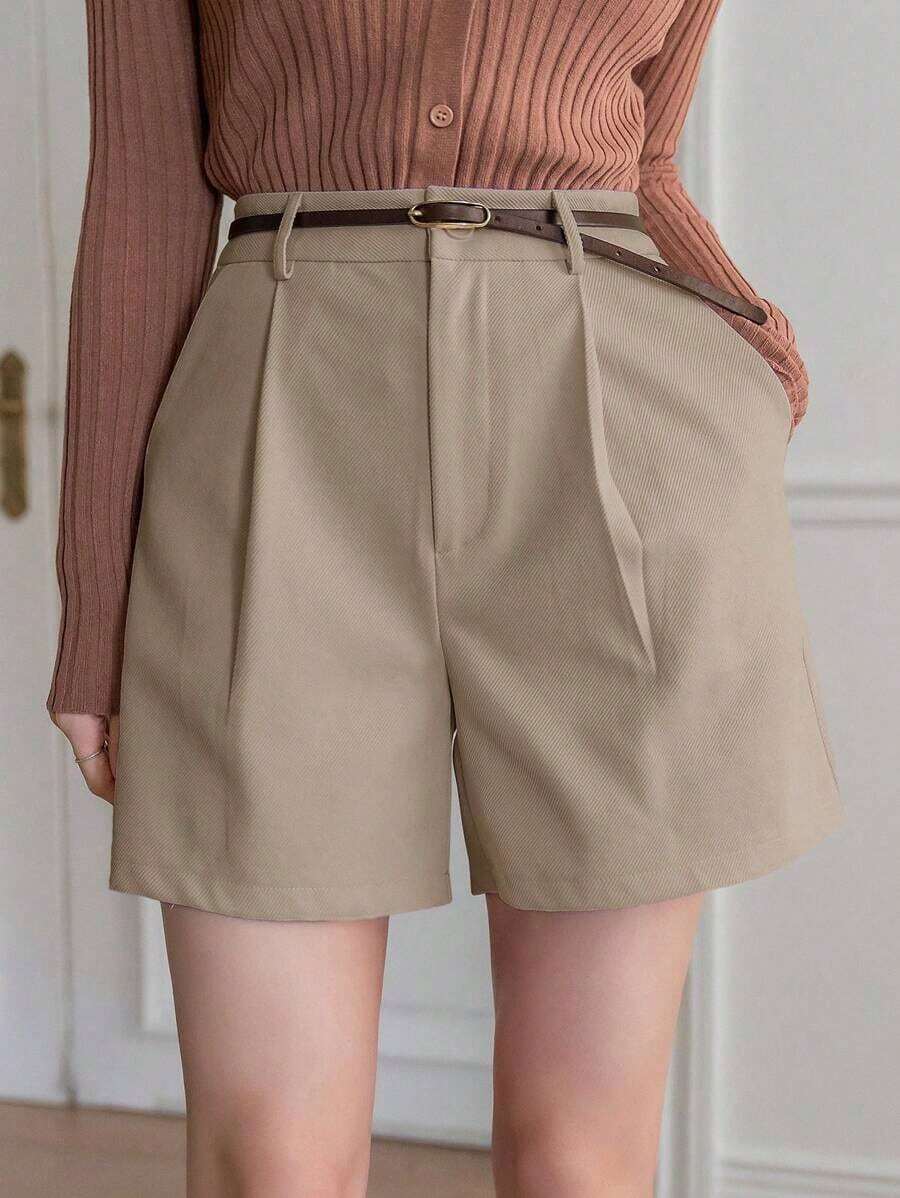 Pantalones cortos de mujer de cintura alta, plisados, con bolsillos, de unicolor y de pierna recta, elegantes y vintage, para el verano - Marrón - Ver 1
