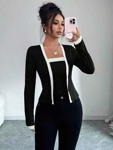 Set de 2 piezas: Top de mangas largas con panel de color elegante de frente abierto y camiseta sin mangas para mujer - Multicolor 4 - Ver 3