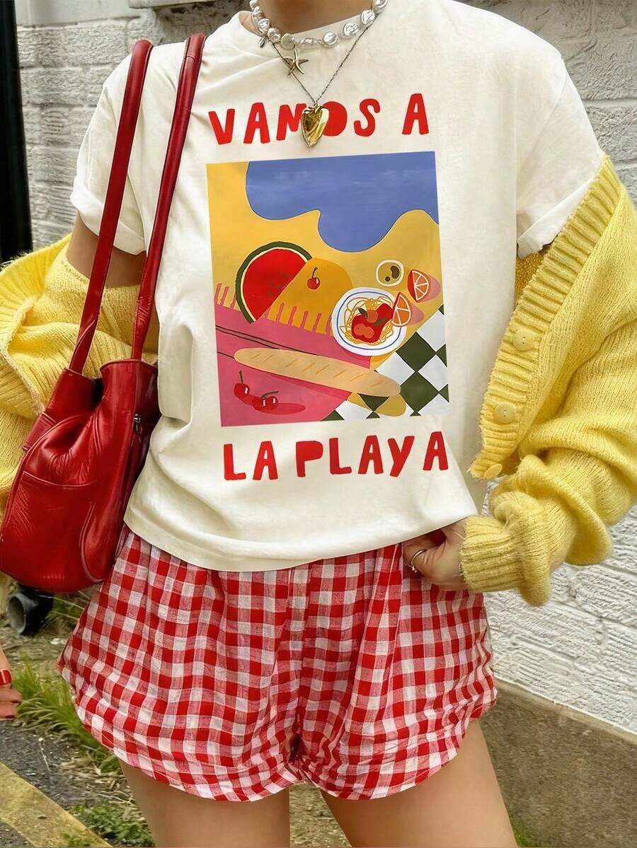 Camiseta casual de mujer de cuello redondo y manga corta con estampado de letras y rayas - Albaricoque - Ver 1