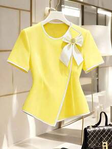 Blusa de mujer elegante de manga corta con estampado, top casual y versátil - Amarillo - Ver 1