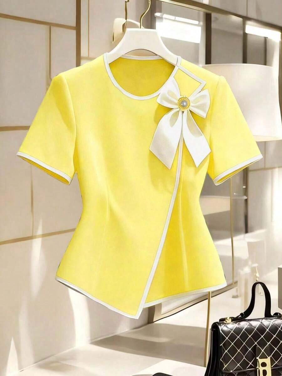 Blusa de mujer elegante de manga corta con estampado, top casual y versátil - Amarillo - Ver 1