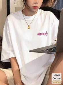 Custom Letter Print Mid-Length Short Sleeve T-Shirt, Fashionable Casual Top For Women, Loose Fit Cotton Short Sleeve Crew Neck T-Shirt, Vintage Summer Street Style In Black. - 白色 - 查看 3
