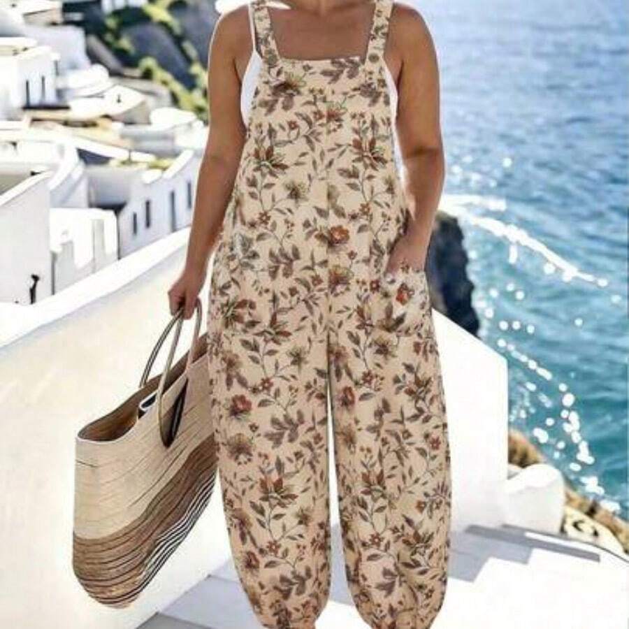 Plus Size Women's Elegant Striped Pocket Jumpsuit, Suitable For Work And Commute, Spring/Summer - Caqui - Ver 1