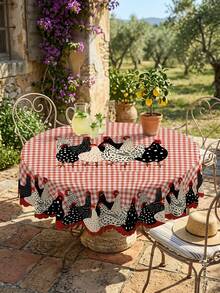 1 pieza Mantel de mesa con estampado de pollo a cuadros rojos, estilo rústico de granja y país, de poliéster ovalado con patrón de gallo y gallina blanco y negro, mantel a cuadros para picnic, mantel decorativo para comedor - Multicolor - Ver 12