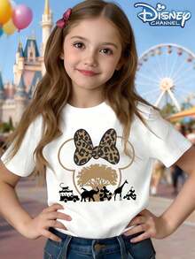 Disney Minnie Mouse Safari Leopard Bow & Animal Graphic White Cotton Girls' Summer T-Shirt - Perfect Gift For Disney Animal Kingdom Trips & Casual Playdates - trắng - Xem 1