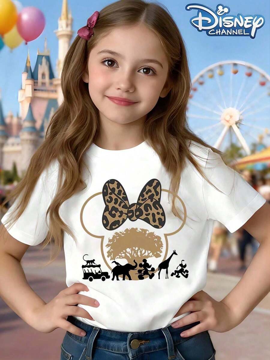 Disney Minnie Mouse Safari Leopard Bow & Animal Graphic White Cotton Girls' Summer T-Shirt - Perfect Gift For Disney Animal Kingdom Trips & Casual Playdates - trắng - Xem 1