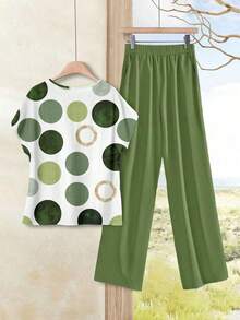 Conjunto de 2 Piezas para Mujer, Top y Pantalones Versátiles con Estampado de Lunares, Ropa Casual para Vacaciones en la Isla en Primavera/Verano - Multicolor 2 - Ver 2