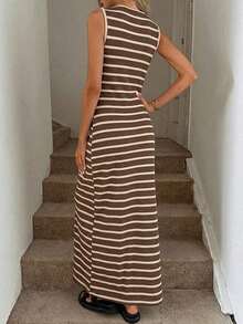 Vestido ajustado a rayas blancas y negras con abertura frontal, informal, para negocios y resorts, lindo vestido de verano, adecuado para las temporadas de primavera, verano, otoño e invierno, ropa informal de negocios para la vuelta al cole, atuendos para salir, ropa para la vuelta al cole, atuendos para maestras, vestido color crema, vestido elegante de playa largo para mujer. - Azul - Ver 11