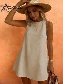 Women's Fashionable Versatile Minimalist Elegant Khaki Round Neck Sleeveless Dress, Suitable For Commuting In Spring And Summer - Khaki - View 3