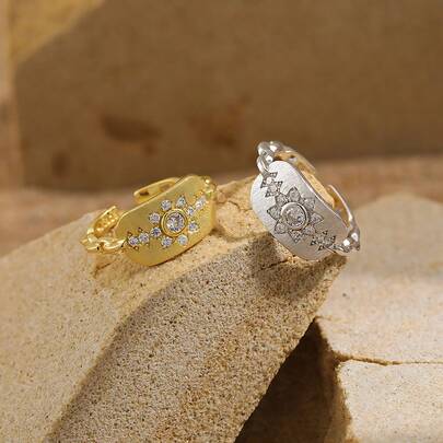 Anel Flor de Girassol Grosso Banhado a Ouro 18K com Zircônia para Mulheres Uso Diário, Joia Ajustável de Prata 925 Presente de Formatura