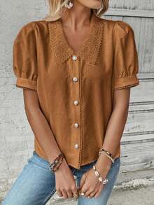 Camisa casual de mujer de manga corta con encaje de contraste - Marrón - Ver 4