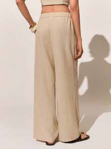 Conjunto de pantalones de cintura alta de verano, pantalones de pierna ancha con cintura alta y pliegues, pantalones sueltos y de pierna larga - Caqui 2 - Ver 2
