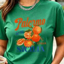 Women's Green Short Sleeve Crew Neck T-Shirt - Sicilian Orange Print (Palermo), Italy - Versatile Vacation Garment - Pure Cotton Basic T-Shirt - Sicilian Orange Theme Print (Palermo) - Casual And  Travel T-Shirt - 綠色 - 查看 8