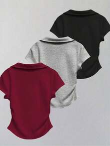 Camiseta casual de mujer con cuello polo, manga corta y estampado de corazones en color contrastante - Burdeos - Ver 2