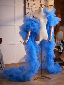 European And American Style Bridal Veil Shawl, Suitable For Hostess, Evening Gown, With Trailing,Elegant,Party - Dusty Blue - View 3