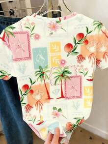 Camiseta de mujer de manga corta con cuello redondo y estampado de rayas casual - Multicolor 3 - Ver 2