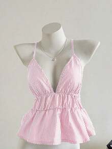 Top halter sin espalda casual a rayas, verano - Rosa - Ver 4