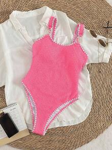 Traje de baño de una pieza de mujer de estilo retro francés en color almendra, con textura de tela acanalada vertical y contraste en marrón oscuro, escote en U con espalda recortada, tirantes anchos, decoración de anillo metálico asimét - Rosa Fucsia - Ver 4