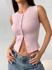 Blusa sin mangas casual con textura de un solo color y botones delanteros - Rosa - Ver 4