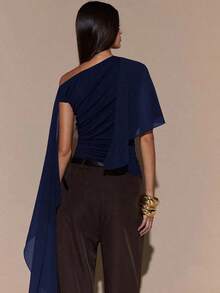 Blusa de punto con cuello anudado y hombro asimétrico, suéter elegante y ajustado, otoño/invierno - Azul marino - Ver 2