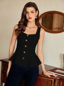 Blusa de mujer vintage, elegante y clásica, con cierre de botones metálicos con forma de flor, blusa sin mangas blanca, para primavera/verano - Negro - Ver 4