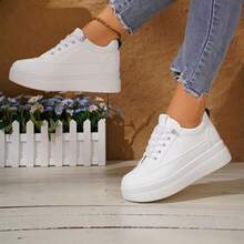 Summer New Minimalist Solid Color Thick Sole Platform White Sneakers Women's Thick Sole Slimming Lace-Up Casual Skate Shoes Daily Commute Versatile Women's Shoes (Runs Half Size Small) - White - View 7