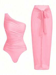 Traje de baño de una pieza con pliegues de unicolor con pareo y falda a juego, perfecto para vacaciones - Rosa - Ver 9