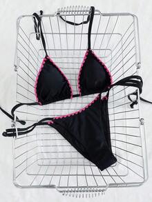 Bikini de mujer de unicolor con escote halter y lazos, estilo sexy, minimalista y elegante para playa, vacaciones, viajes y fiestas, nueva colección primavera/verano - Rosa negra capullo rojo - Ver 4