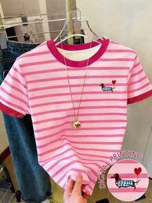 Camiseta de mujer con paneles de imitación de denim a rayas / Estampado de Dachshund / Uso diario casual / Verano - Multicolor 13 - Ver 1
