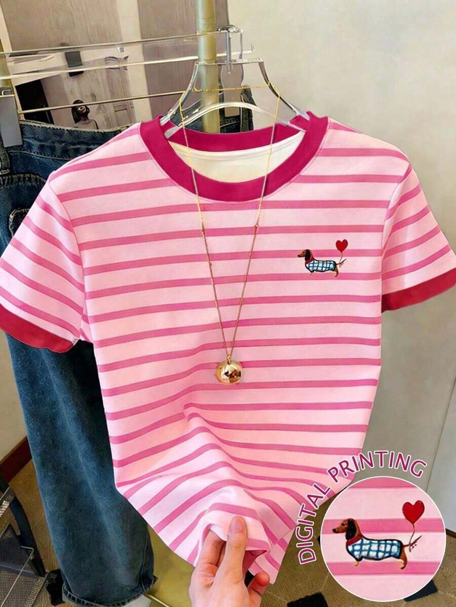 Camiseta de mujer con paneles de imitación de denim a rayas / Estampado de Dachshund / Uso diario casual / Verano - Multicolor 13 - Ver 1