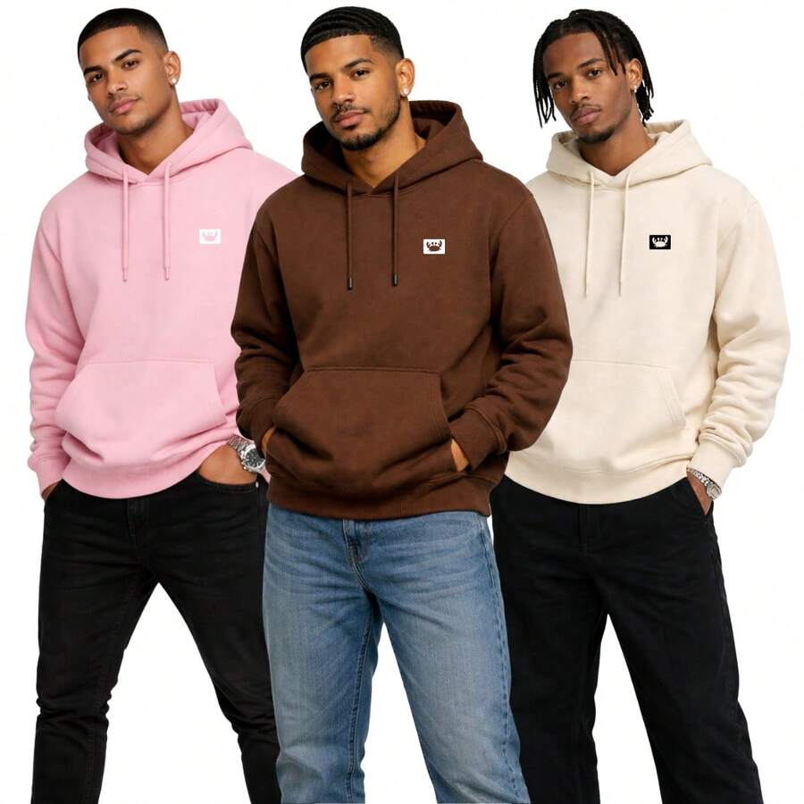 Set Of 3 Comfortable Kangaroo Hoodie Sweatshirts For Casual Style - 粉紅色,棕色和米白色 - 查看 1