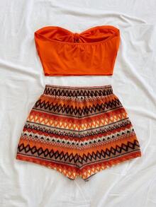 Conjunto informal de 2 piezas de top tubo corto anudado de unicolor y shorts con estampado floral para vacaciones de mujer - Multicolor 6 - Ver 2