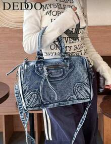 New Vintage Washed Denim Crossbody Bag, Casual Y2K Style Shoulder Bag, Dual Handle Tote Bag, Compact Design With Large Capacity, Suitable For Work Commute, Shopping, Travel And Back To School, Fashionable Street Style Bag, Medium Size Denim Crossbody Bag, Perfectly Fits Denim Girl Style - 藍色 - 查看 1