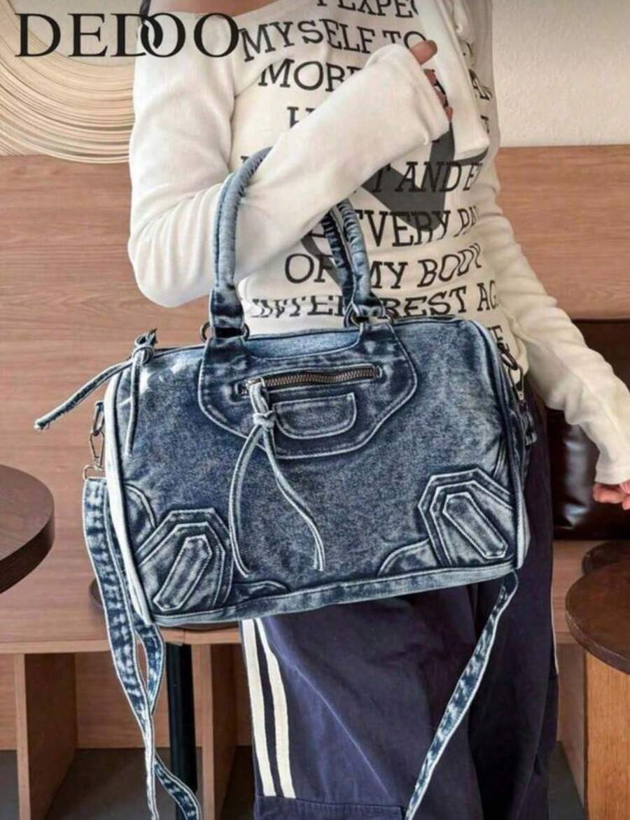 New Vintage Washed Denim Crossbody Bag, Casual Y2K Style Shoulder Bag, Dual Handle Tote Bag, Compact Design With Large Capacity, Suitable For Work Commute, Shopping, Travel And Back To School, Fashionable Street Style Bag, Medium Size Denim Crossbody Bag, Perfectly Fits Denim Girl Style - 藍色 - 查看 1