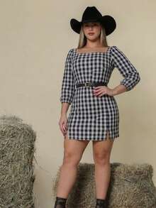 Short Checkered Dress, Mid-Season, 3/4 Sleeve, Plus Size, Stylish, Fashionable For June Festivals, Square Dances, Country Dances, And Cowboys. - Đen và trắng - Xem 7