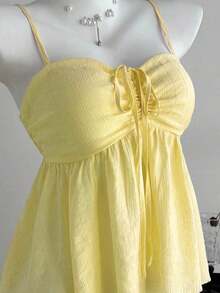 Camiseta de tirantes con volantes de unicolor lindo para damas, ropa de verano para la universidad - Amarillo 2 - Ver 3