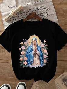 100% Cotton T-Shirt With Virgin Mary Print - Unisex Religious Clothing Suitable For Church, Pilgrimages And Everyday Wear - Casual Short Sleeve T-Shirt With Soft Crew Neck - H-Line Loose Fit For Men And Women - 220gsm Machine Washable - 黑色 - 查看 8